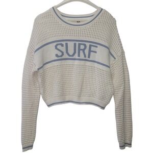 SO Surf Graphic Open Knit Crochet Pullover Crop Sweater SzM Coastal Ocean Preppy